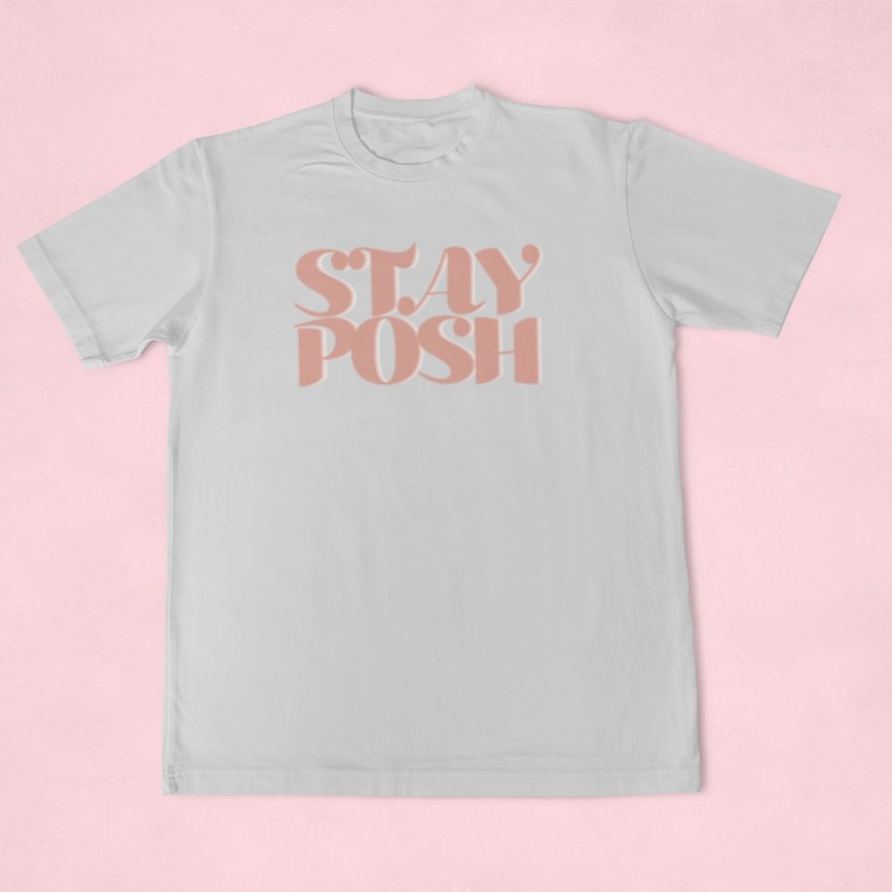 Basic PoshMark Seller Tee Shirt White with Pink "STAY POSH" across front XS-3XL